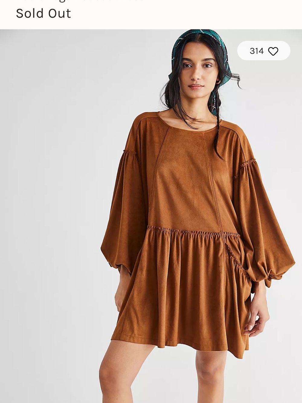 Free People Cognac Brown Balloon-Sleeve Mini Dress